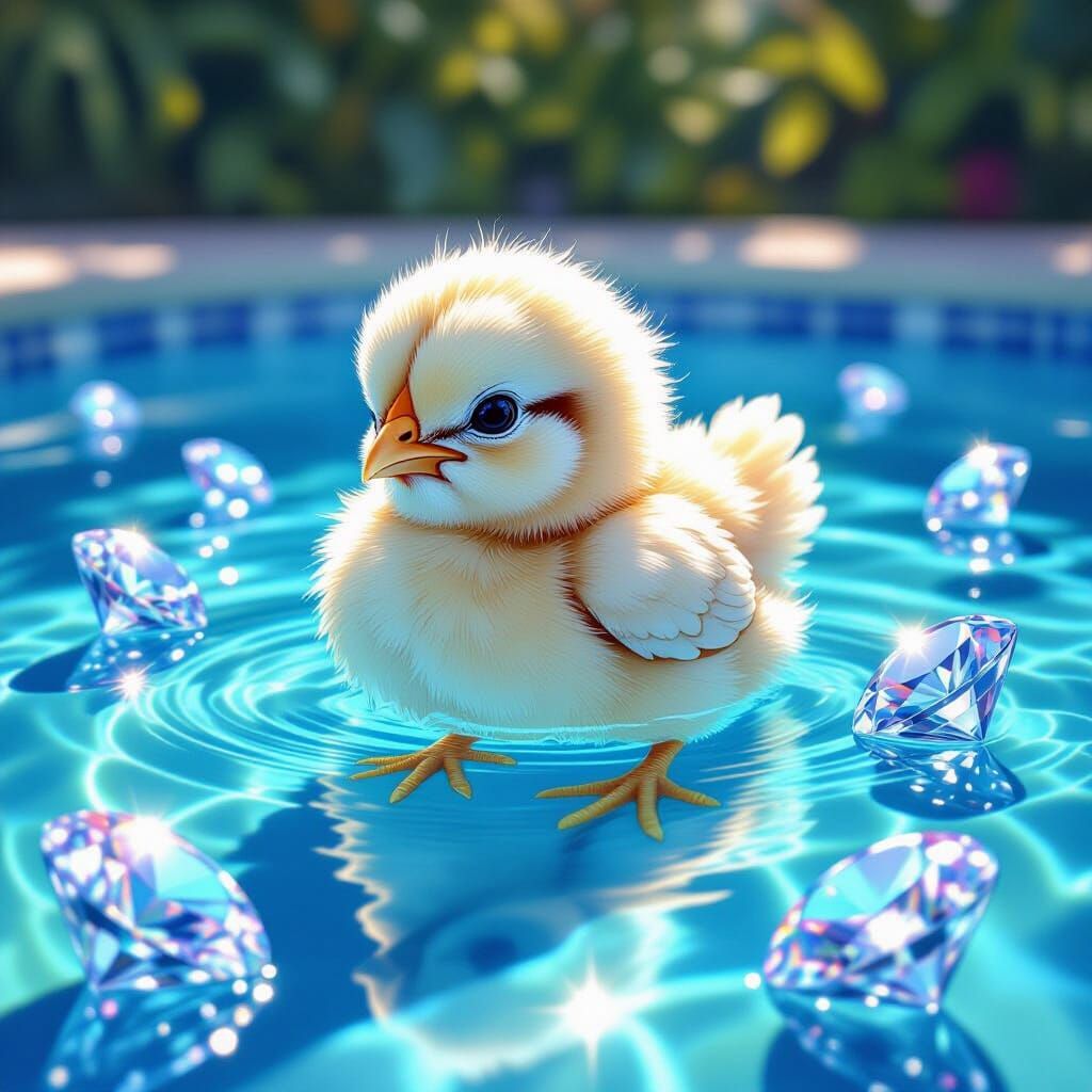 Fluffy Chick Swims in Diamond-Filled Pool