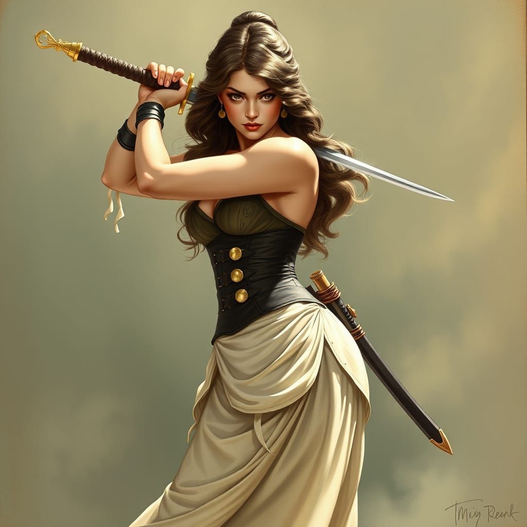 Elegant Warrior with Katana in Art Nouveau Style