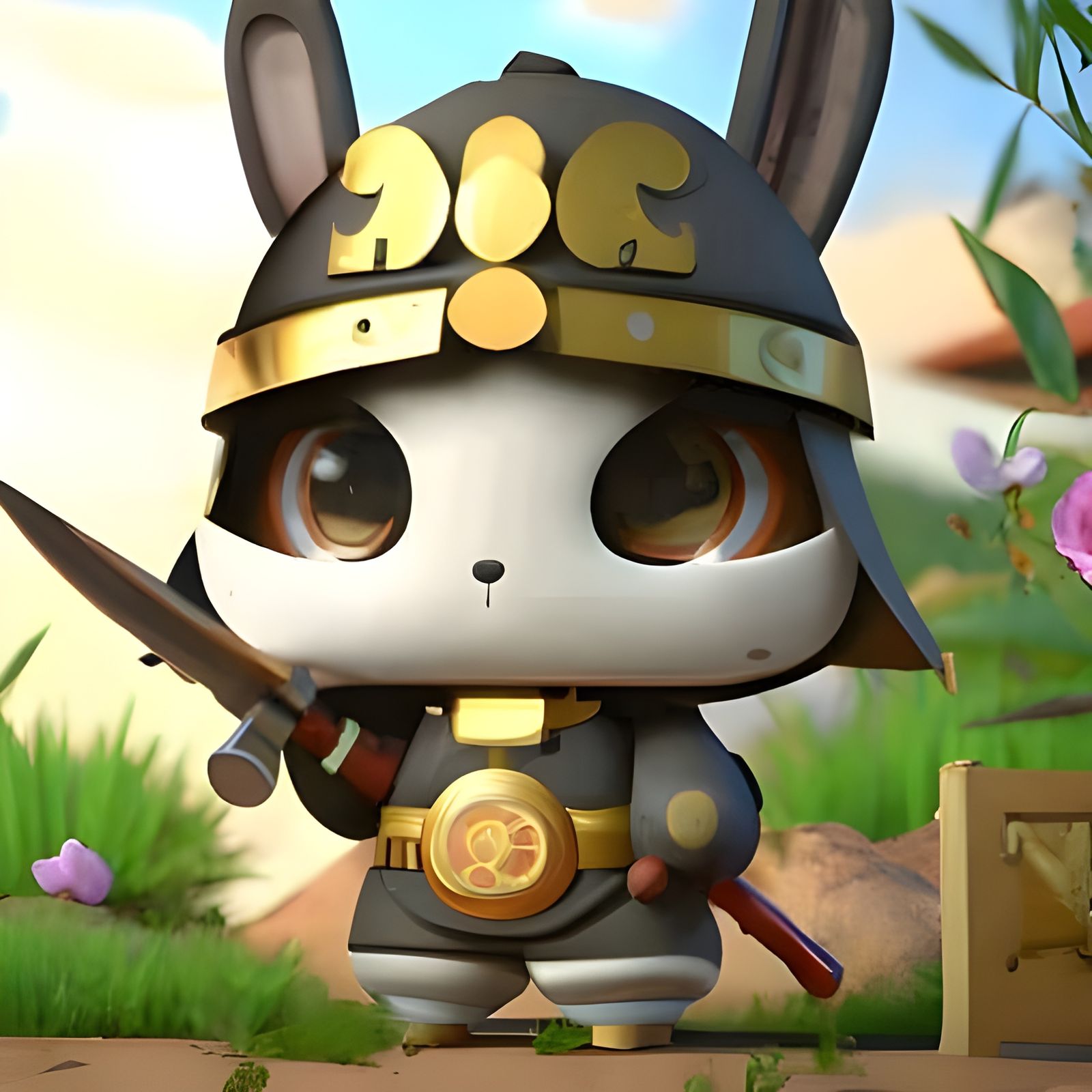 Cute Samurai Bunny in Mech Suit, 3D Illustration