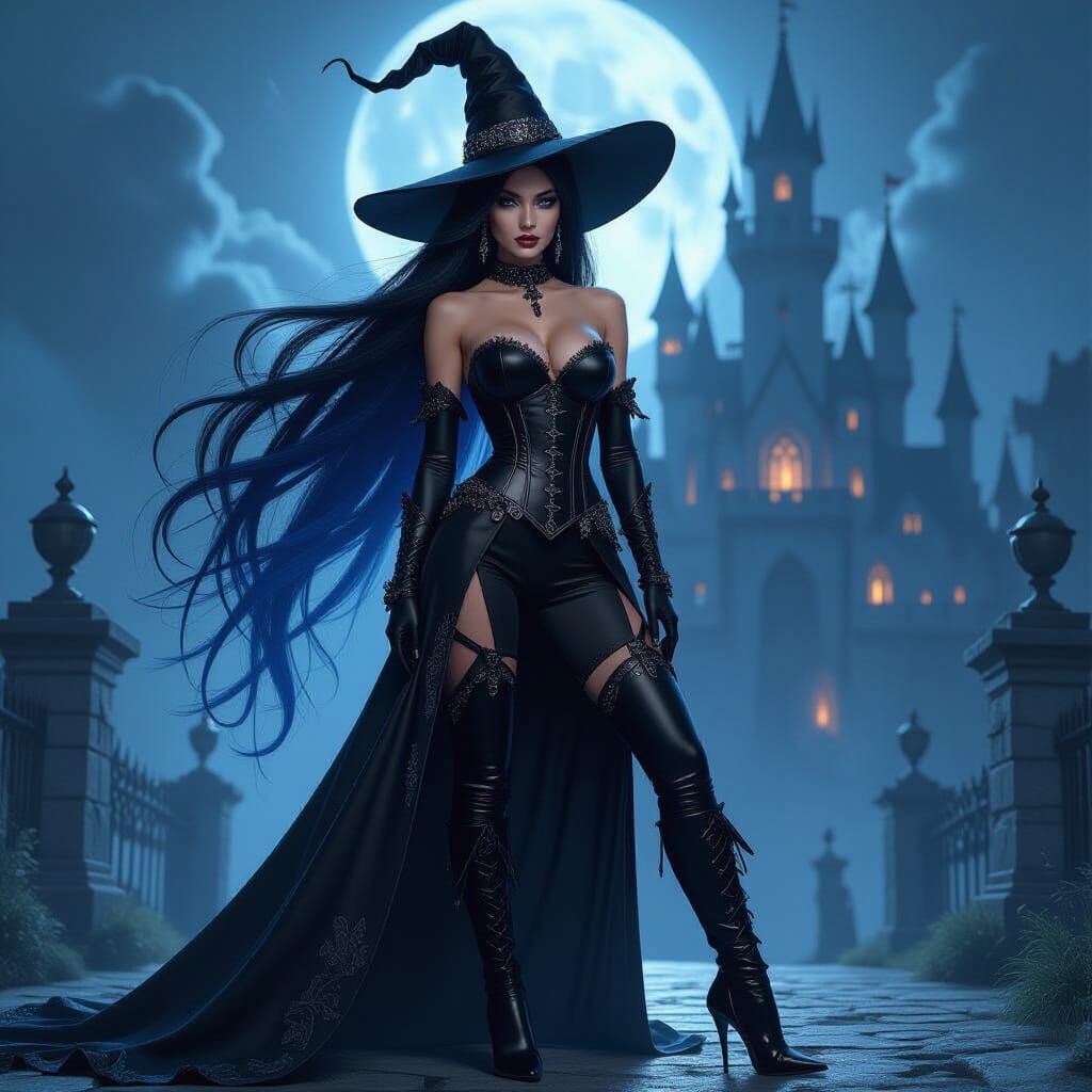Dark Fantasy Witch Before Imposing Castle