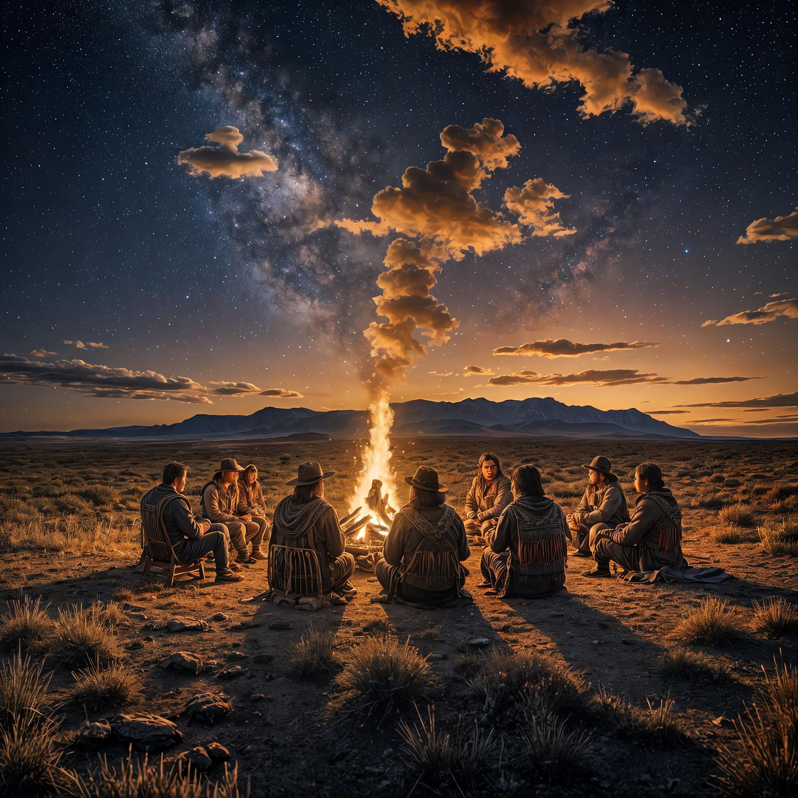 Apache Campfire Under Milky Way, Detailed Matte Painting