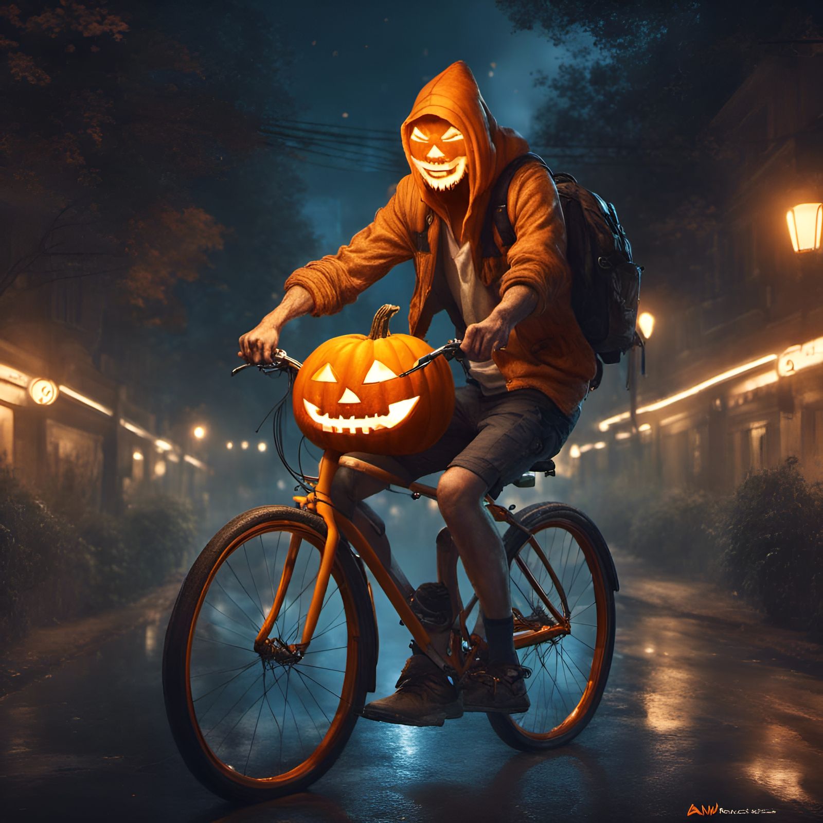 Jack-O-Lantern Cyclist: Digital Illustration in 8k