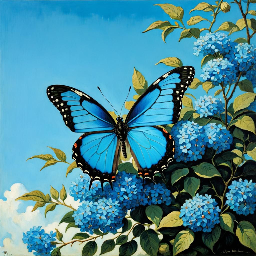 Cerulean Butterfly and Flowers in Pre-Raphaelite Style