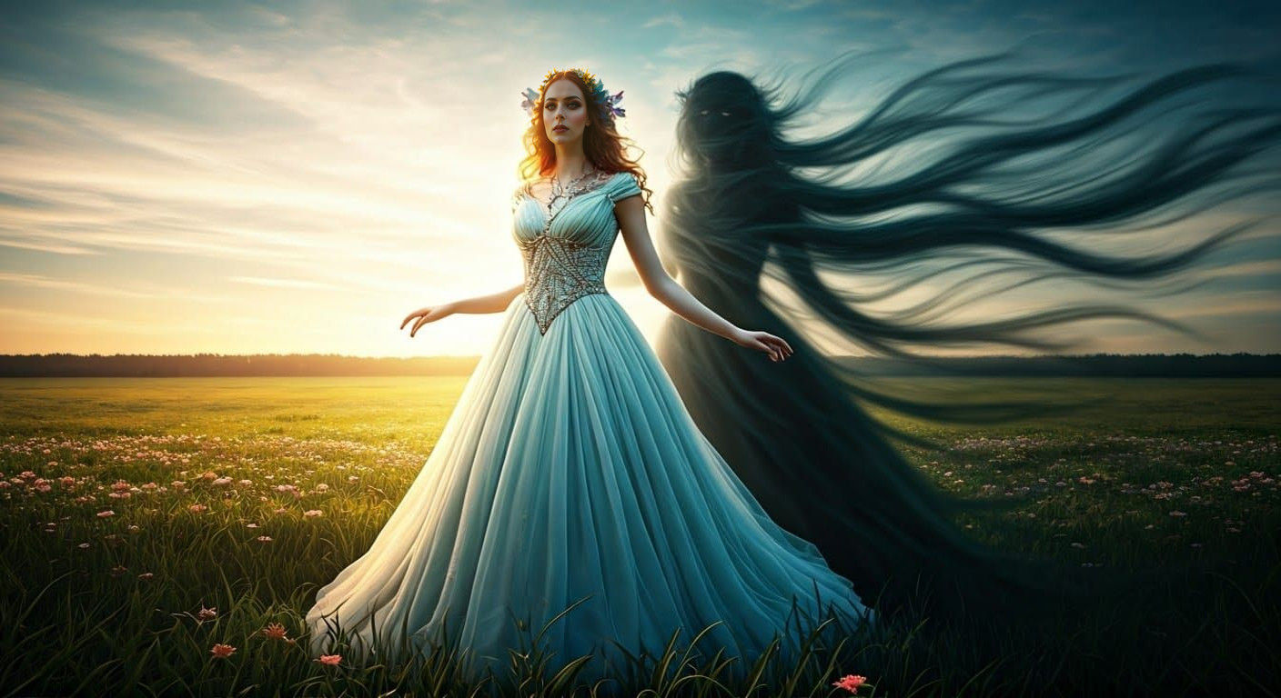 Surreal Lady Unveils Dark True Form in Bright Sunny Meadow