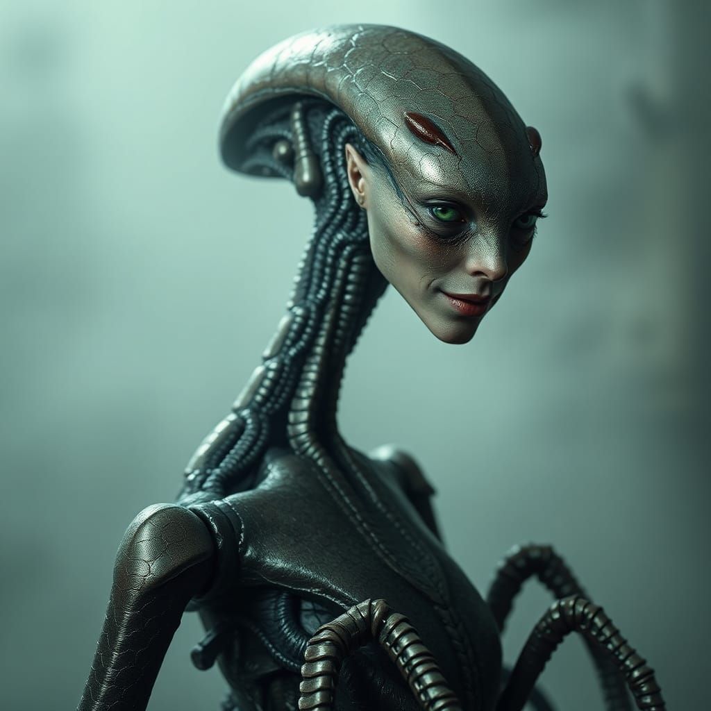 Biomechanical Alien Hybrid in Dystopian Sci-Fi Style