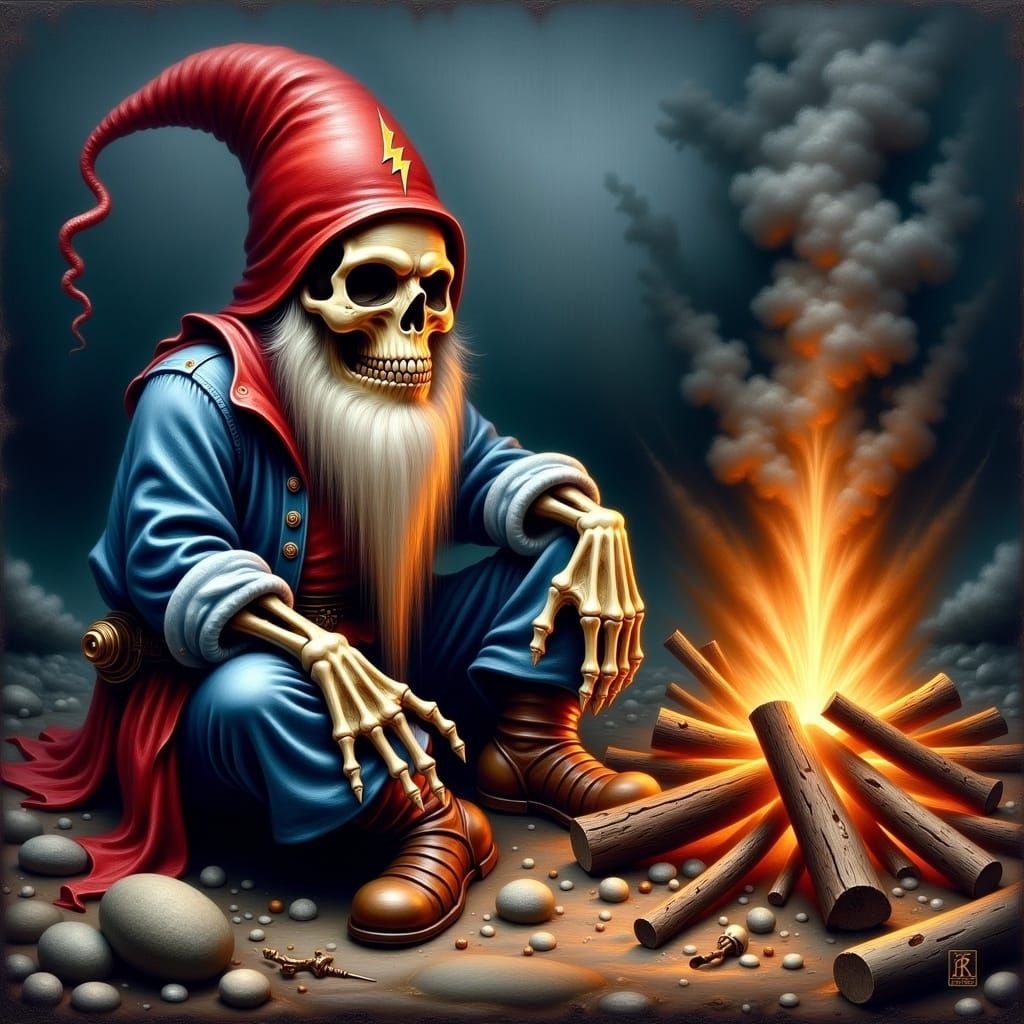 Skeletal Gnome at Campfire, Animated Oil Painting