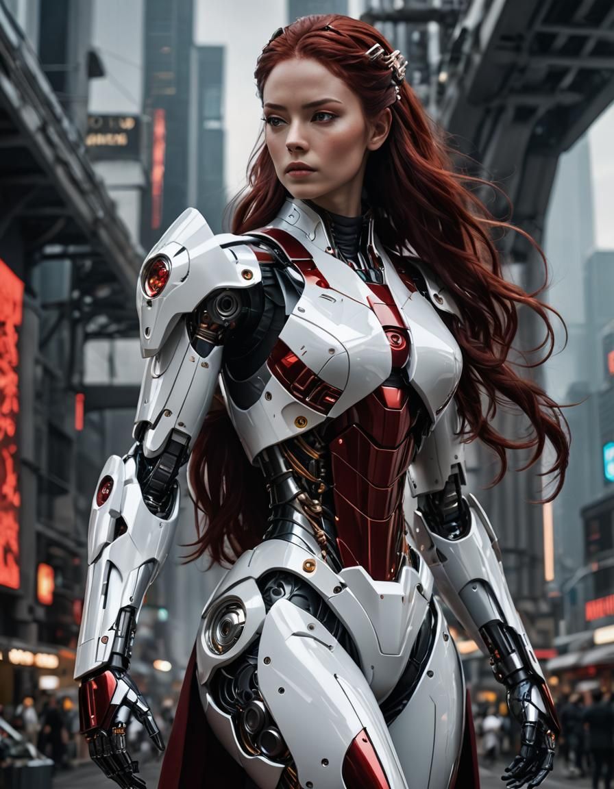 Futuristic Robot Woman with Red Hair in Cosmic Setting