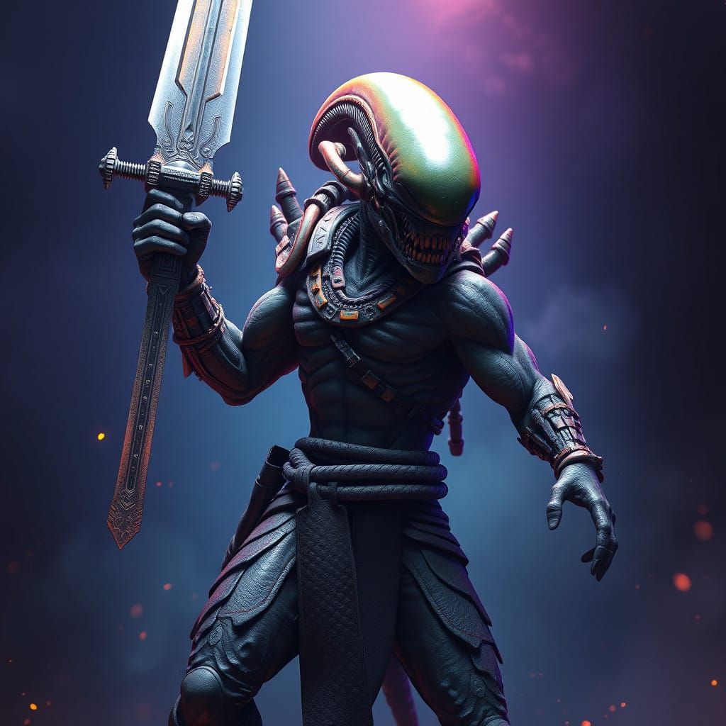 Cybernetic Alien Warrior in Epic Battle Stance