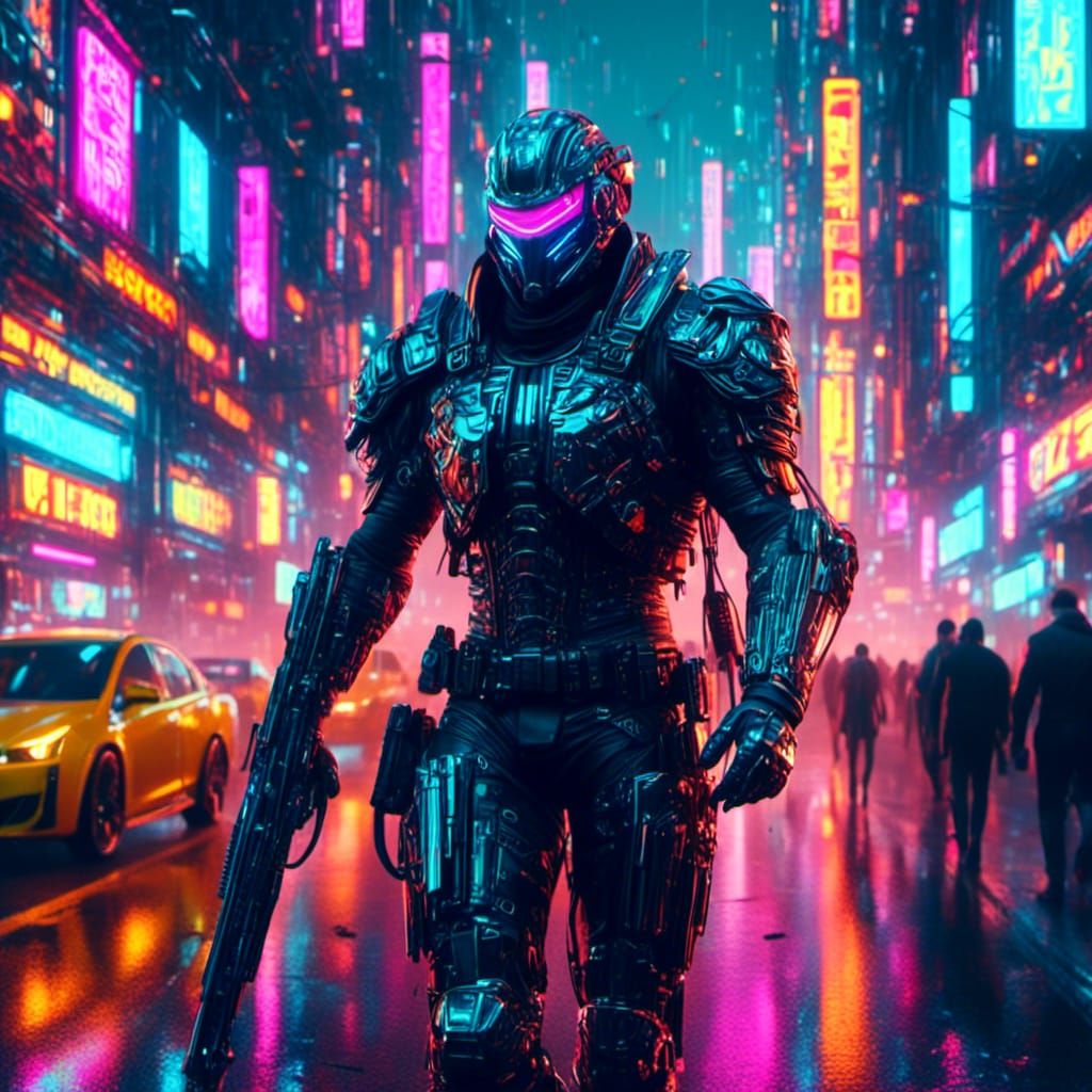 Cyberpunk Knight in Futuristic City Street