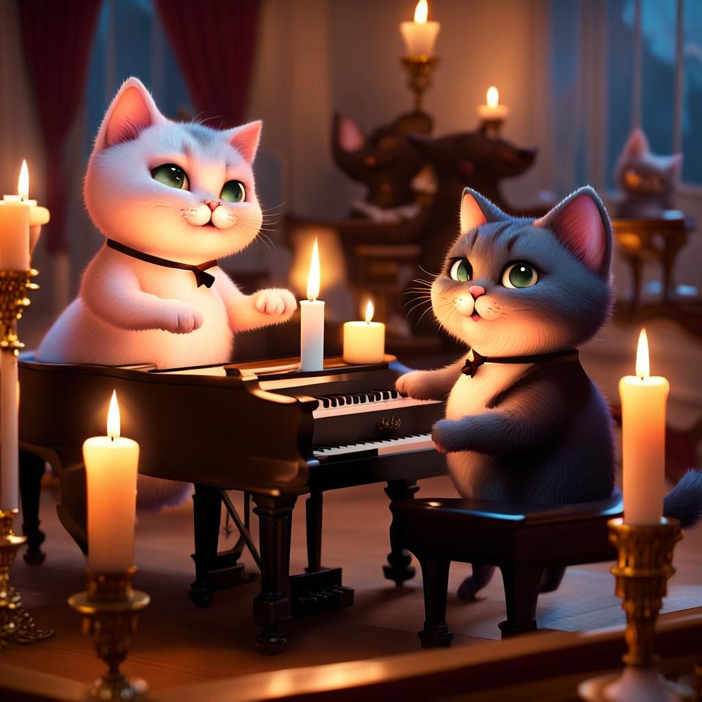 Anthropomorphic Cats Play Piano by Candlelight