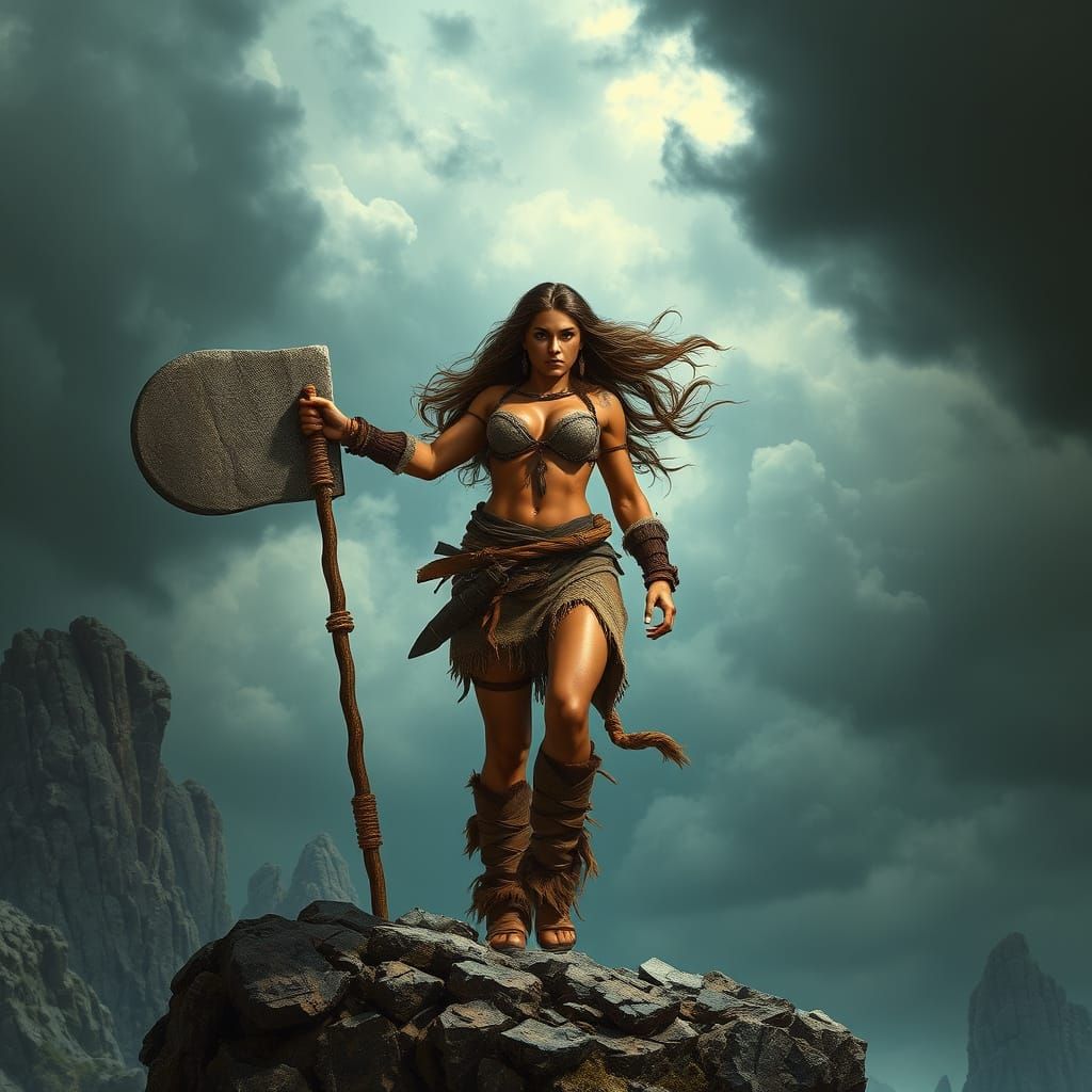 Muscular Prehistoric Woman with Stone Weapon