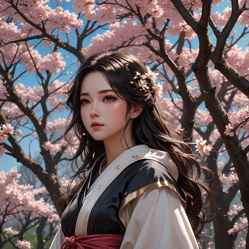 Anime Portrait of Woman with Sakura Trees