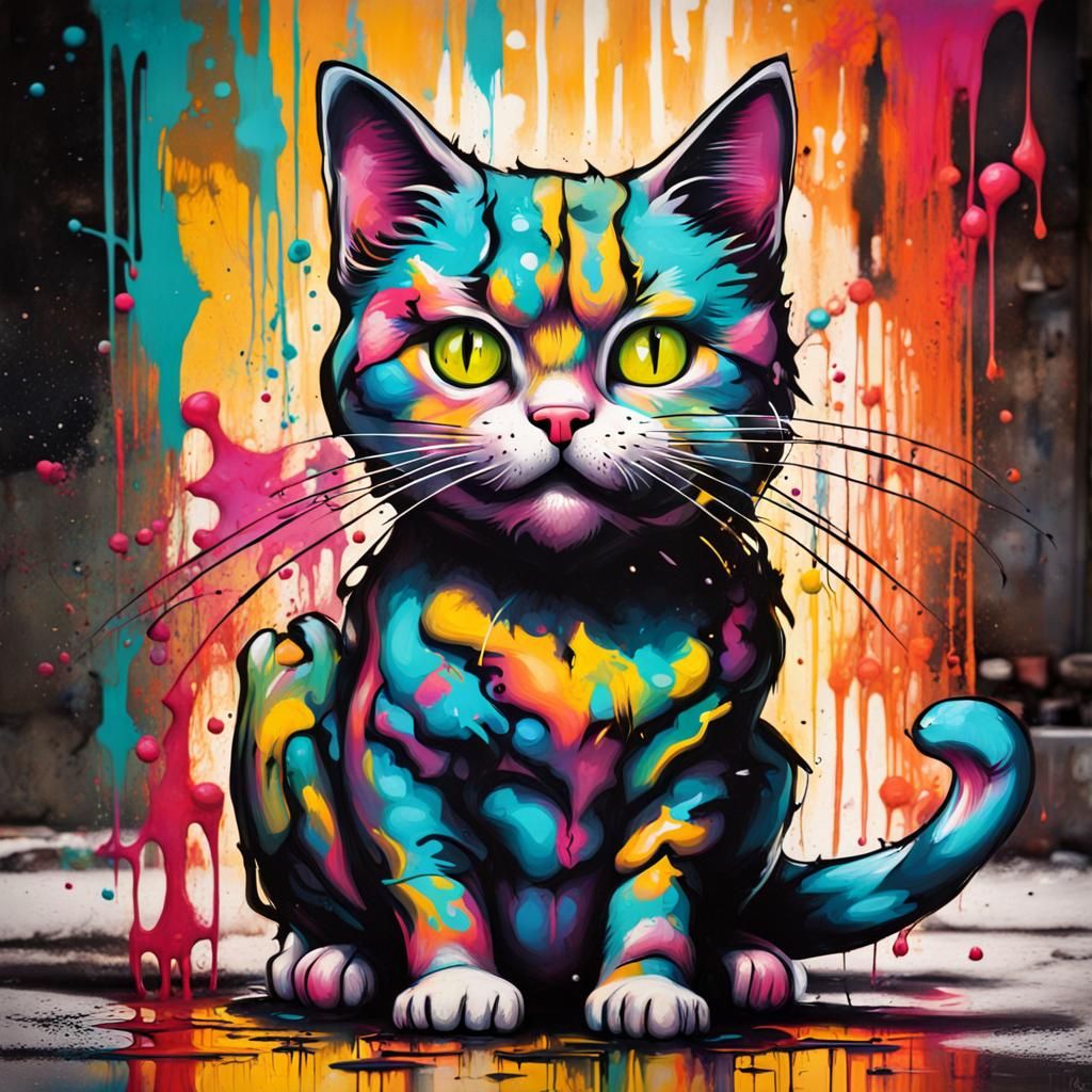 Colorful Cat Graffiti Street Art in Splash Style
