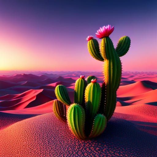 Flowering Cactus in Desert Holographic Landscape