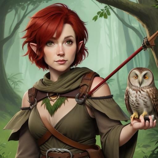 Halfling Druid Girl Cartoon with Owl and Slingshot