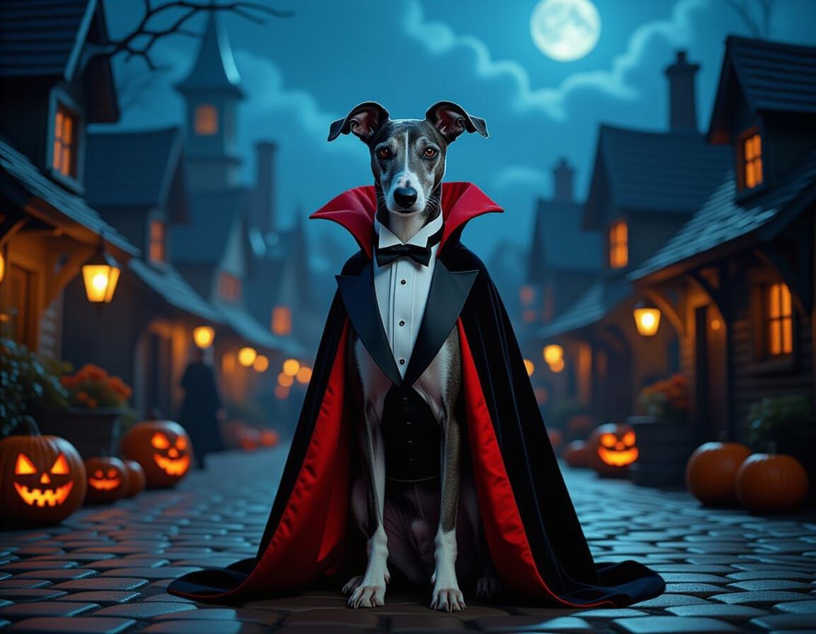 Grumpy Greyhound in Tuxedo at Halloween Festival