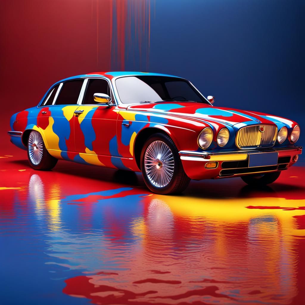 Camouflage Jaguar XJ Sedan in Hyperrealistic Splash Art