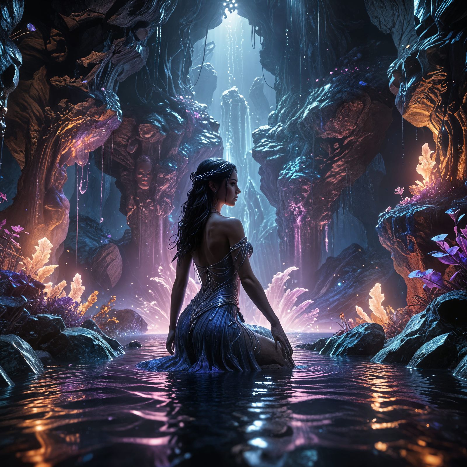 Goddess at Grotto Pool in Ethereal Fantasy Style