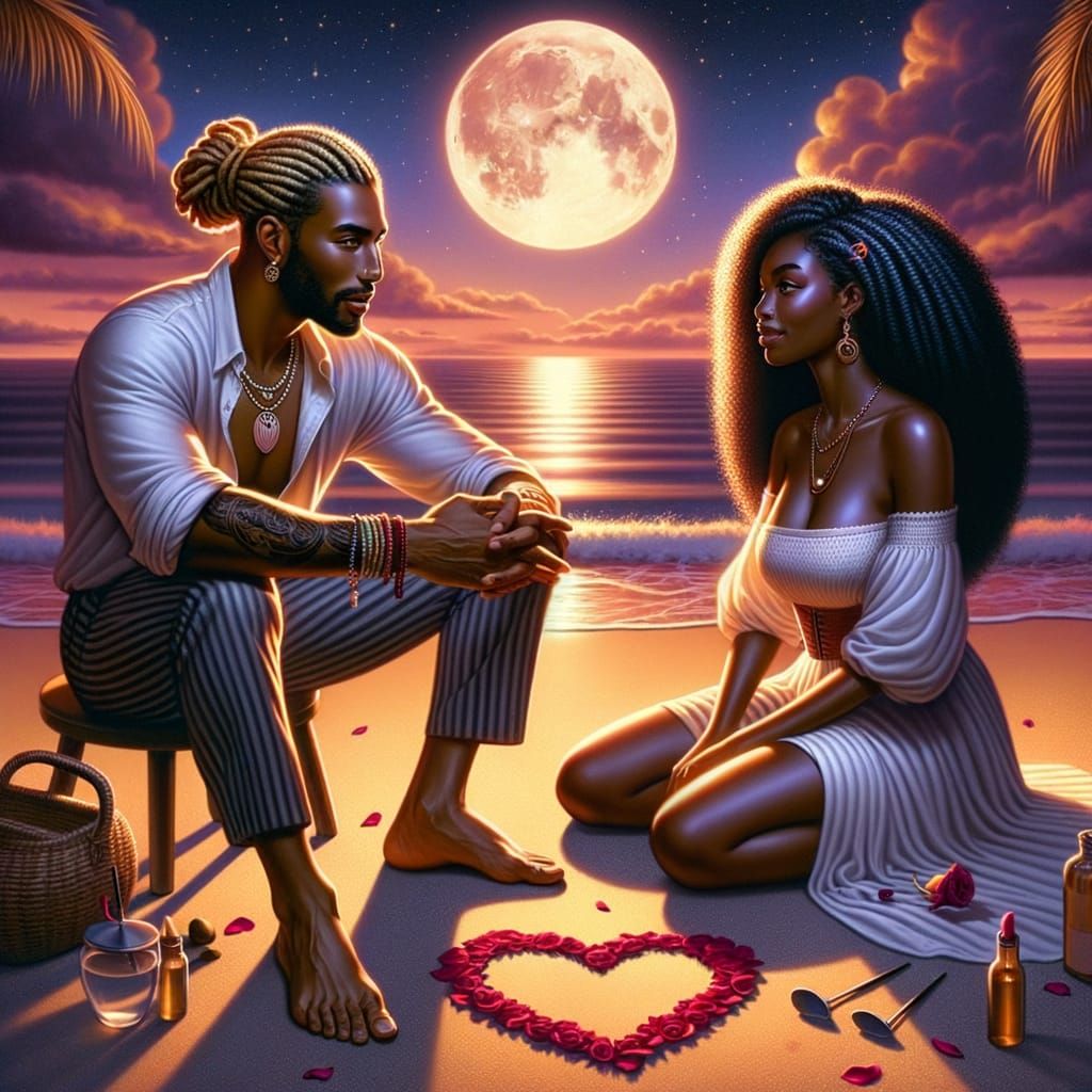Romantic Moonlit Beach Scene with Biracial Couple