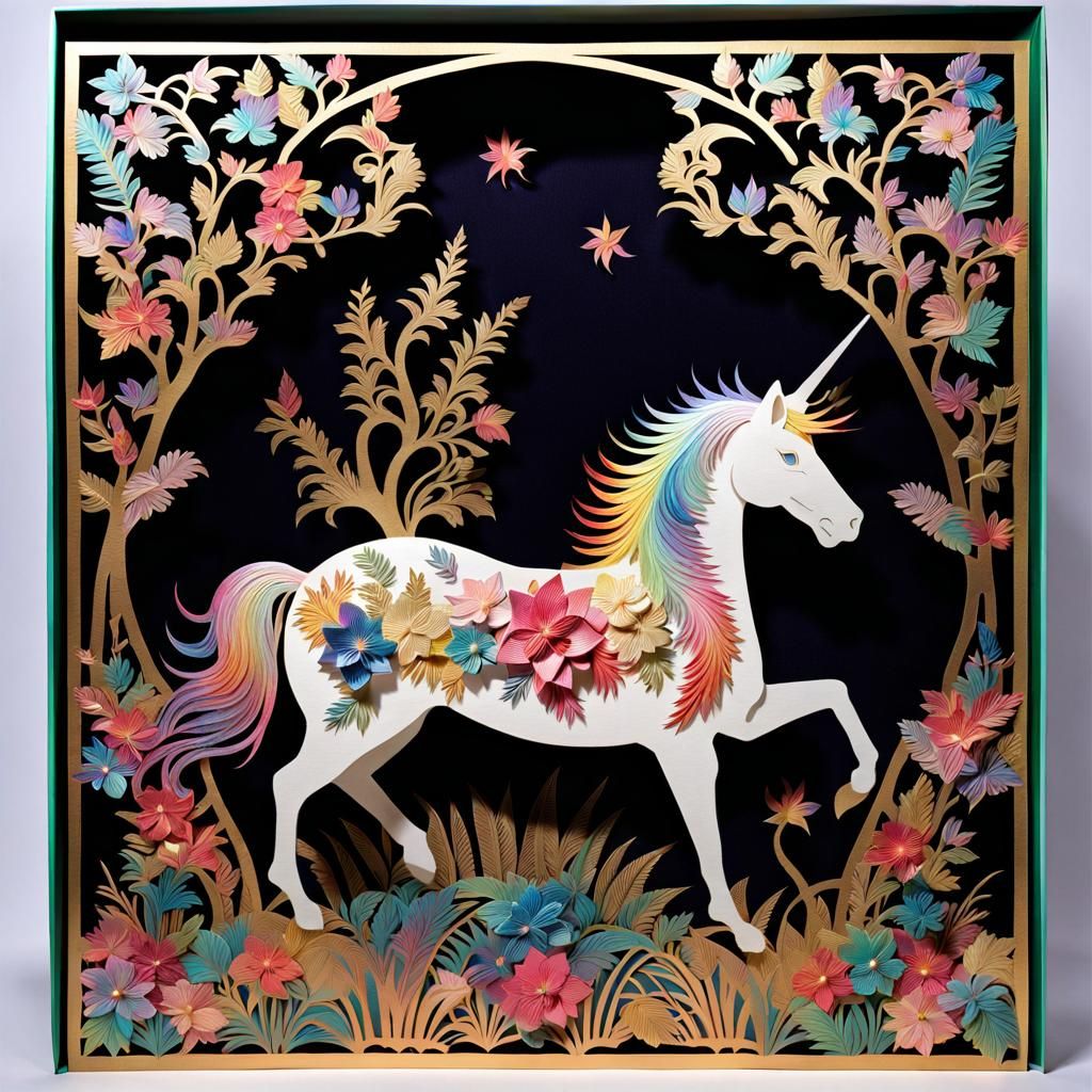 Kirigami Unicorn in Enchanted Forest, Paper Art