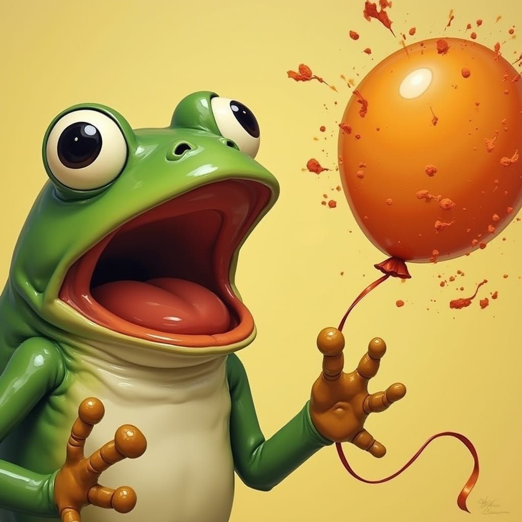 Frog screams in surprise at exploding balloon