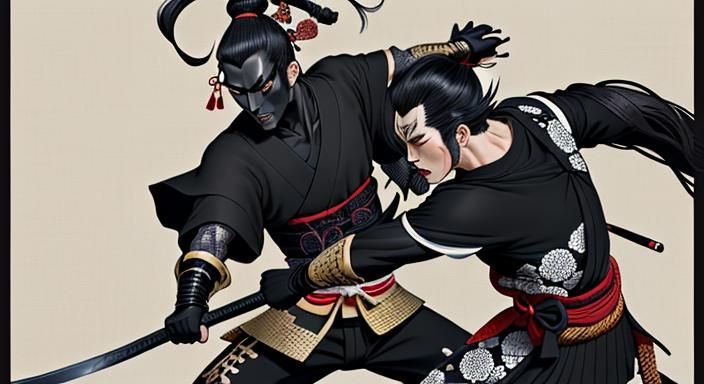 Samurai Battle in Ukiyo-e Style with Gold Accents