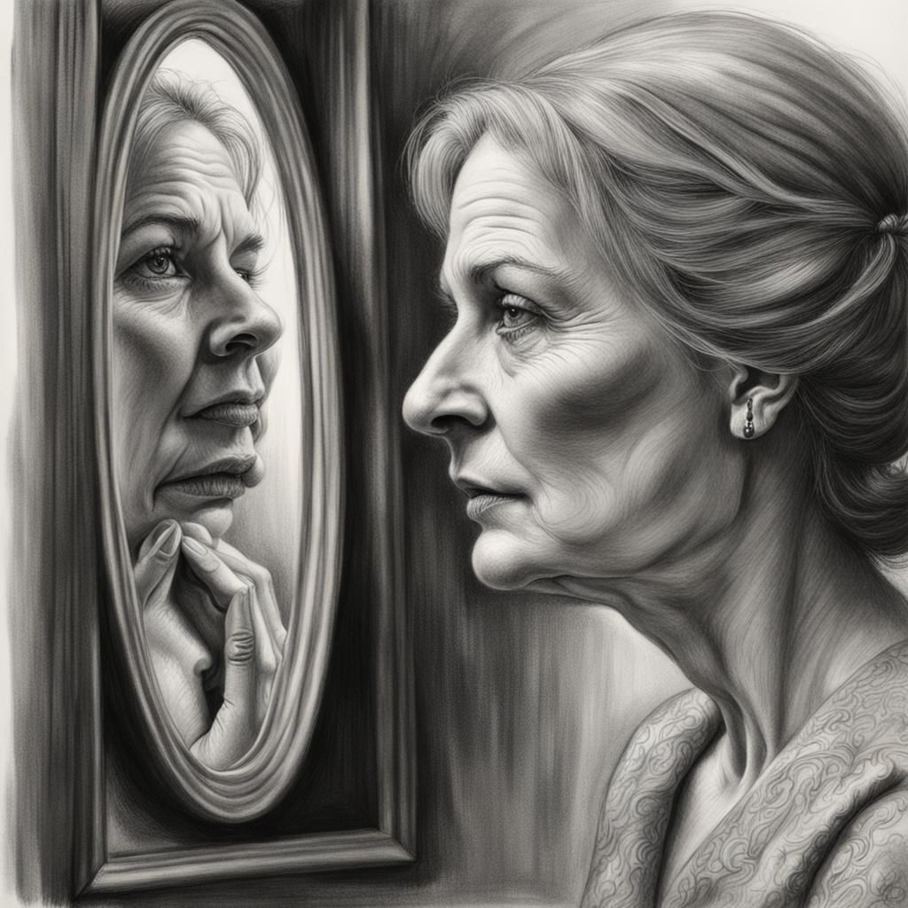 Hyperdetailed Charcoal Drawing of Woman Looking in Mirror