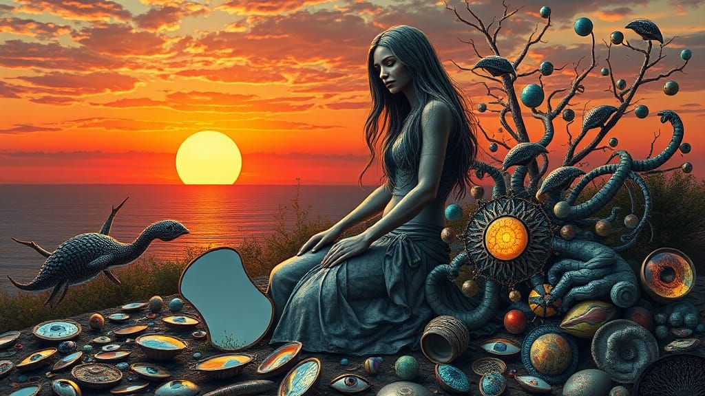 Surreal Sculpture of Woman at Sunset: Bio Art Collage