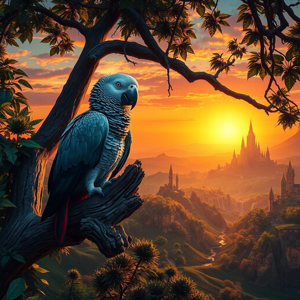 Serene African Grey Parrot in Golden Sunset Landscape