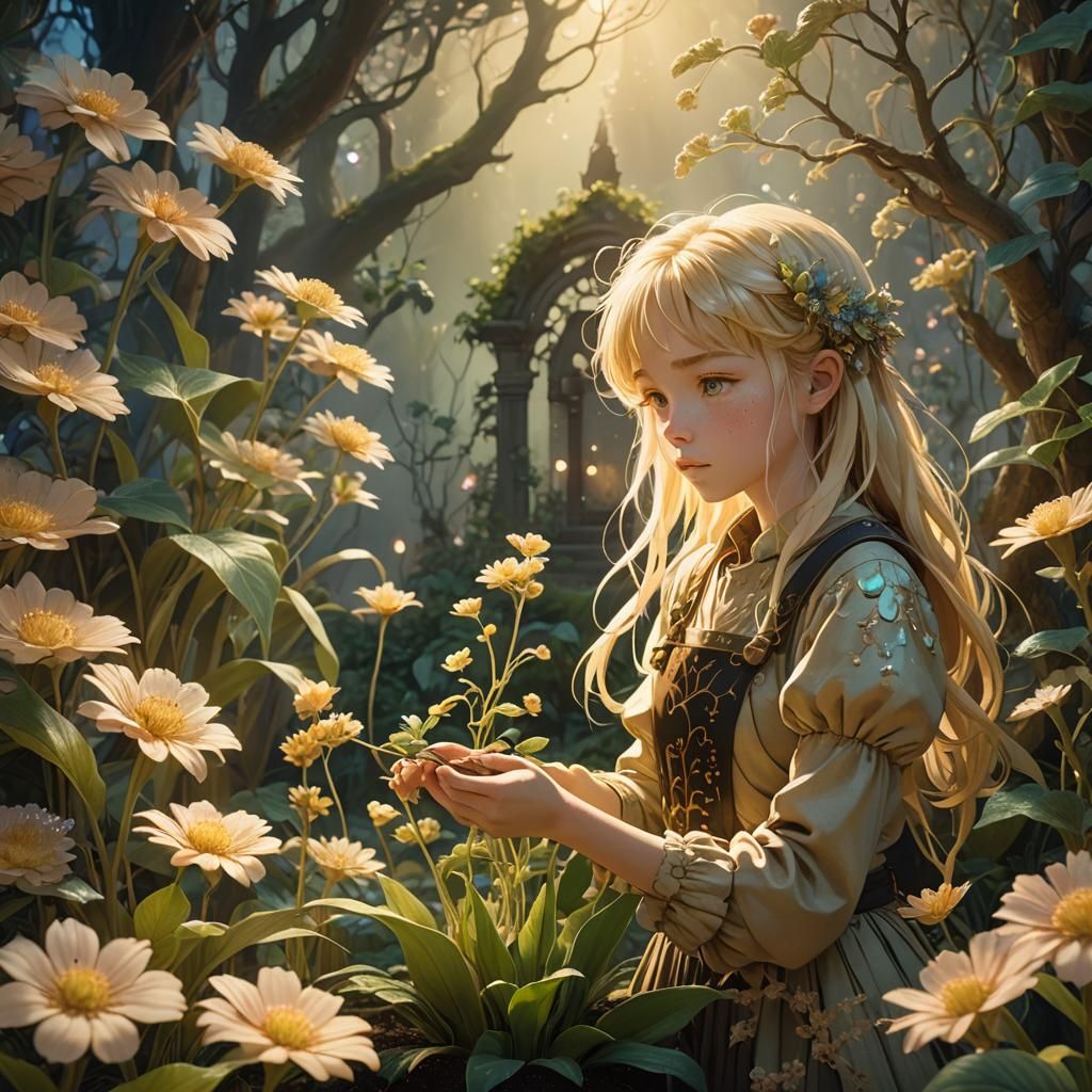 Anime Gardener Tending Mystical Plant in Fantasy Style