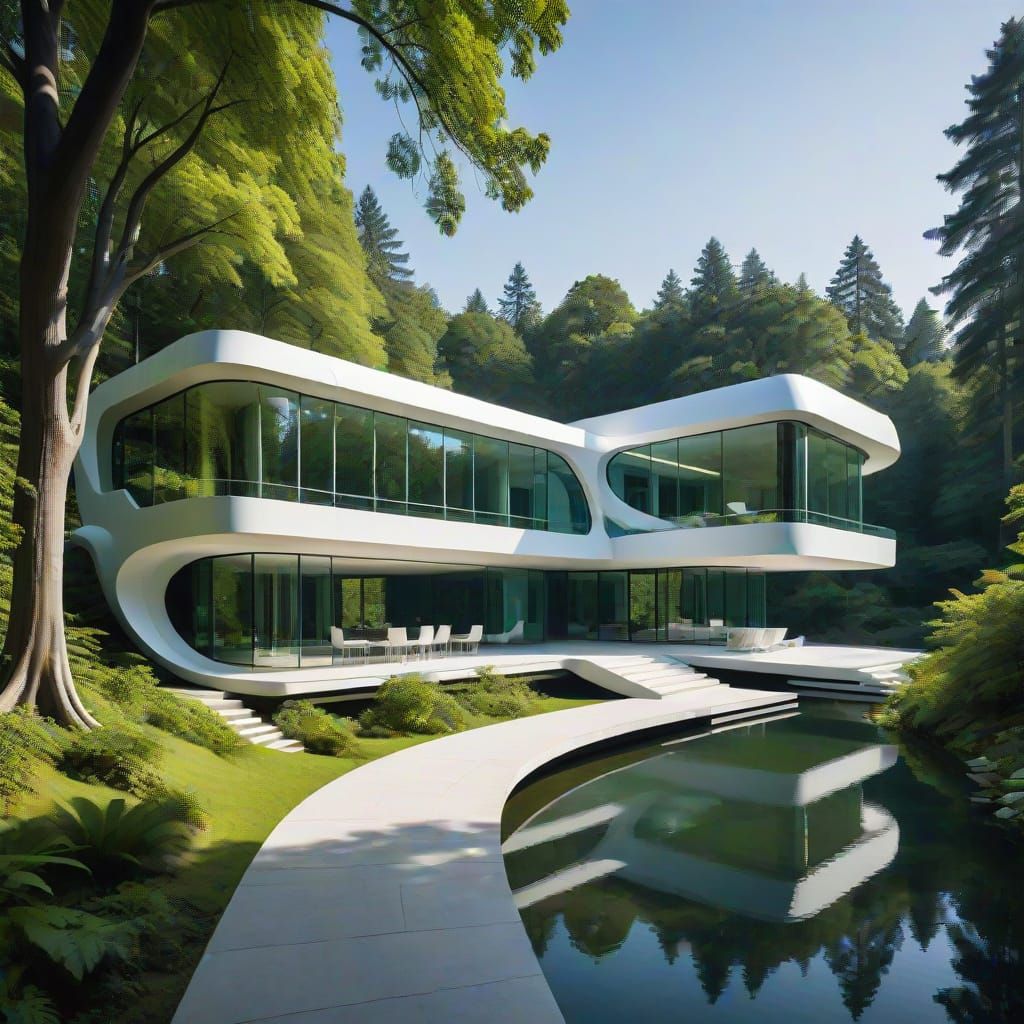 Sleek Futuristic House Amidst Verdant Landscape