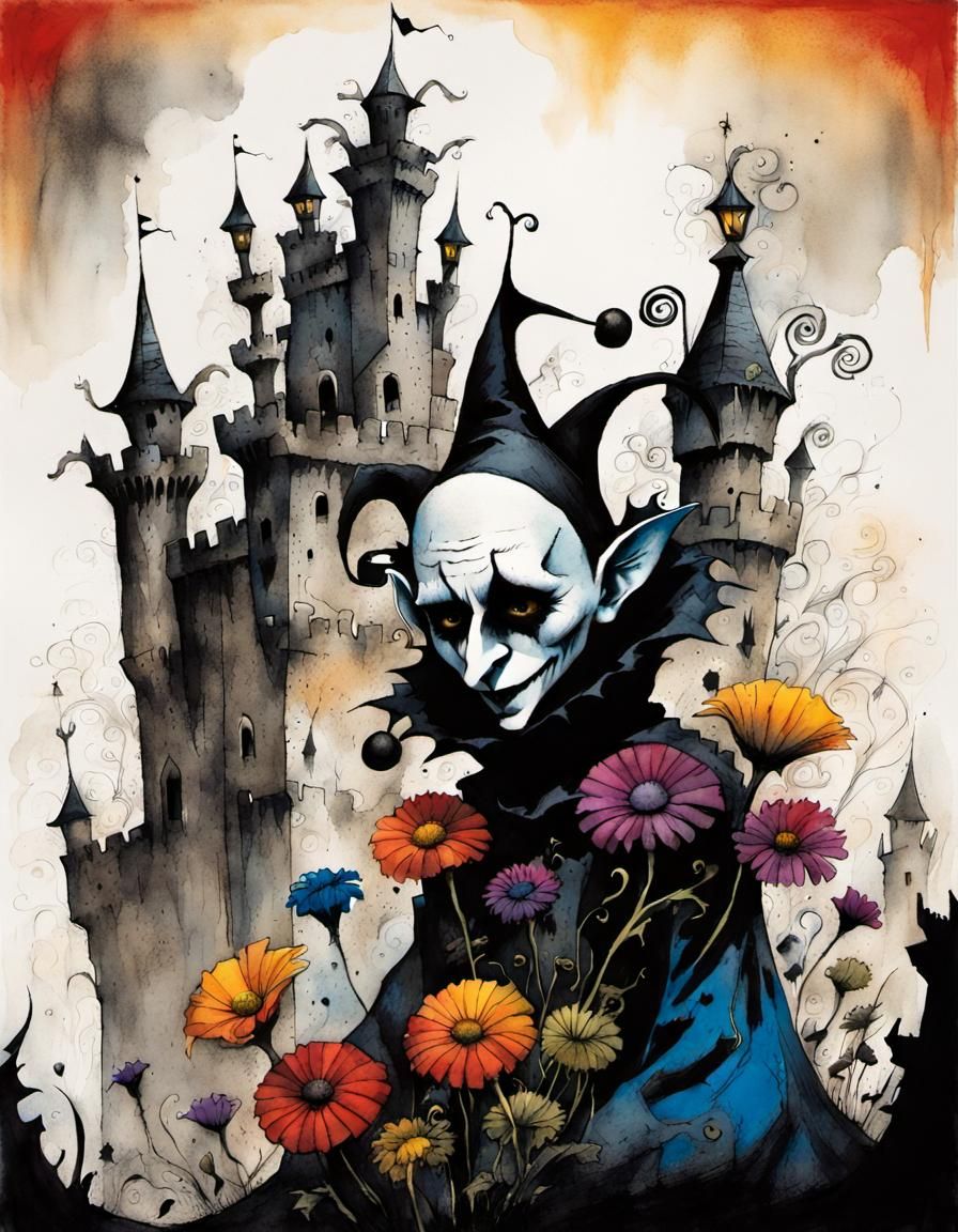 Puppet Jester in Creepy Castle: Ink Painting