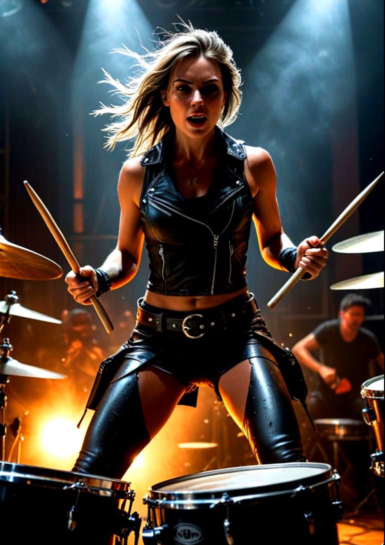 Female Rock Drummer in Leather Performing Under Spotlights
