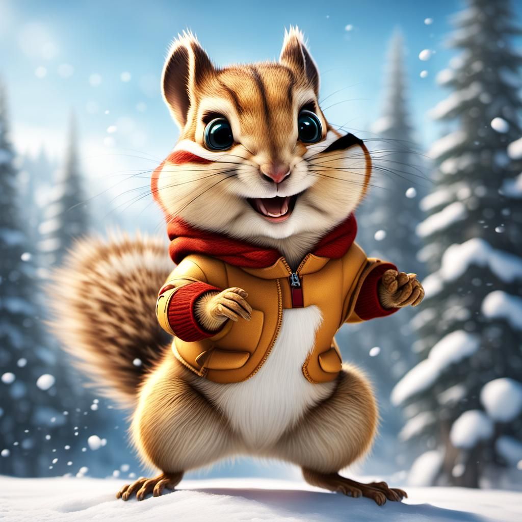 Winter Sports|HAPPY baby CUTE GOLDEN chipmunk enjoys the snows, (SMILEY FACE:1.7) CHARMINGly skiing and jumping GRACEFU...