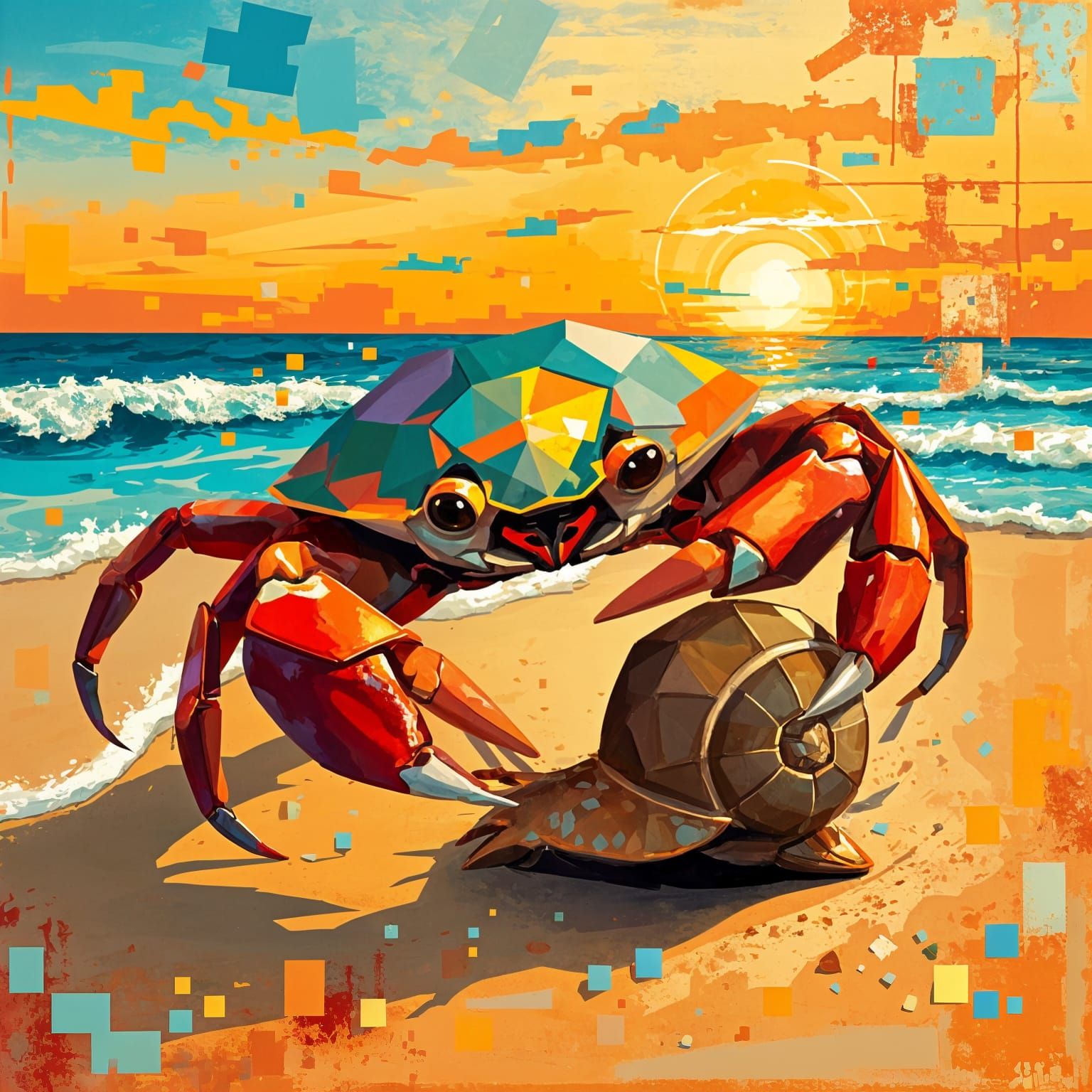 Pixelated Crab Captures Snail at Sunset