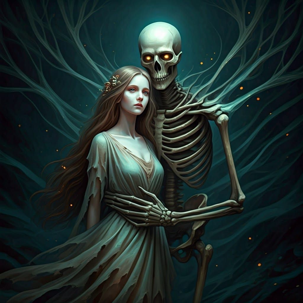 Ethereal Embrace: Woman and Skeletal Being in Teal Radiance