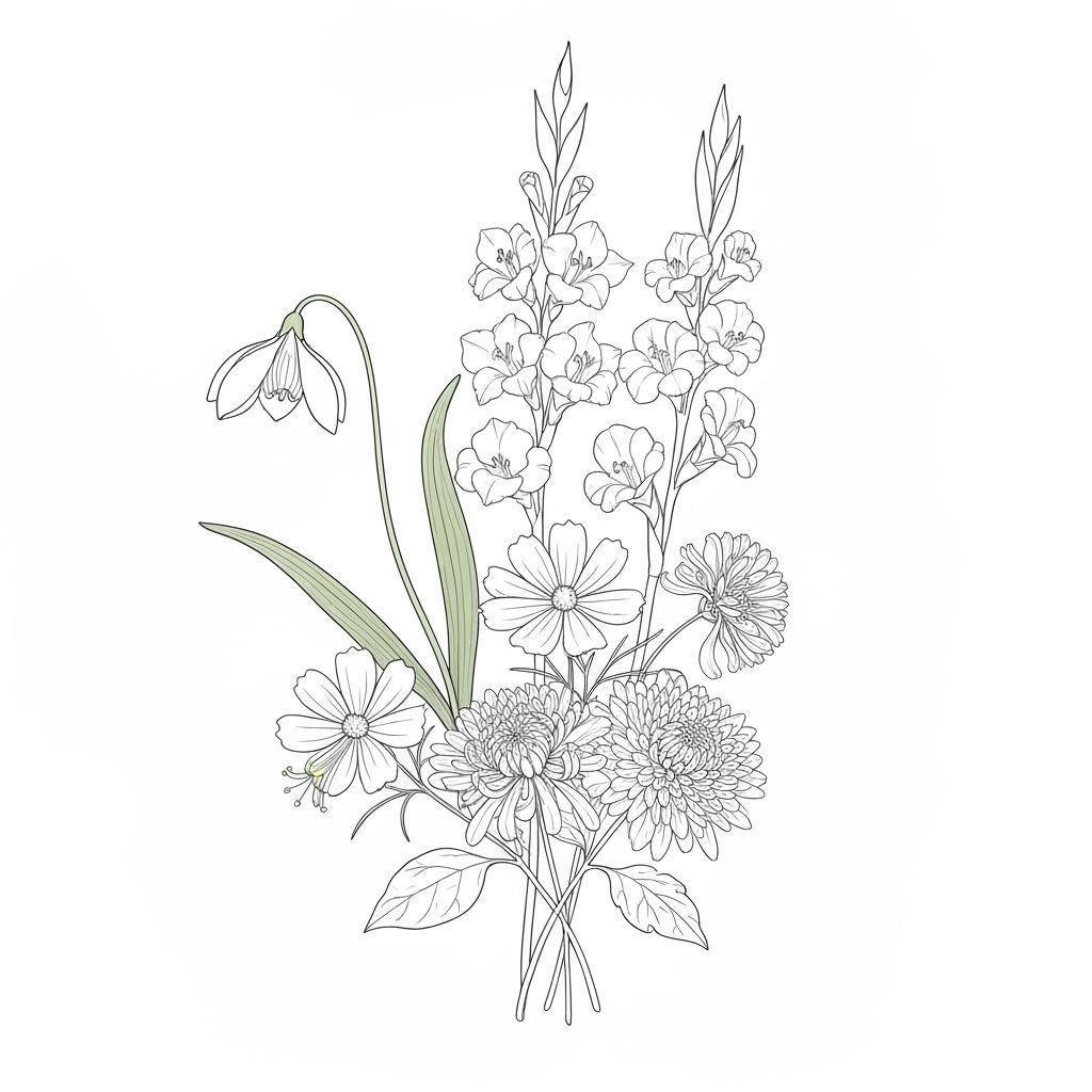 Elegant Line Art Bouquet of Various Flowers