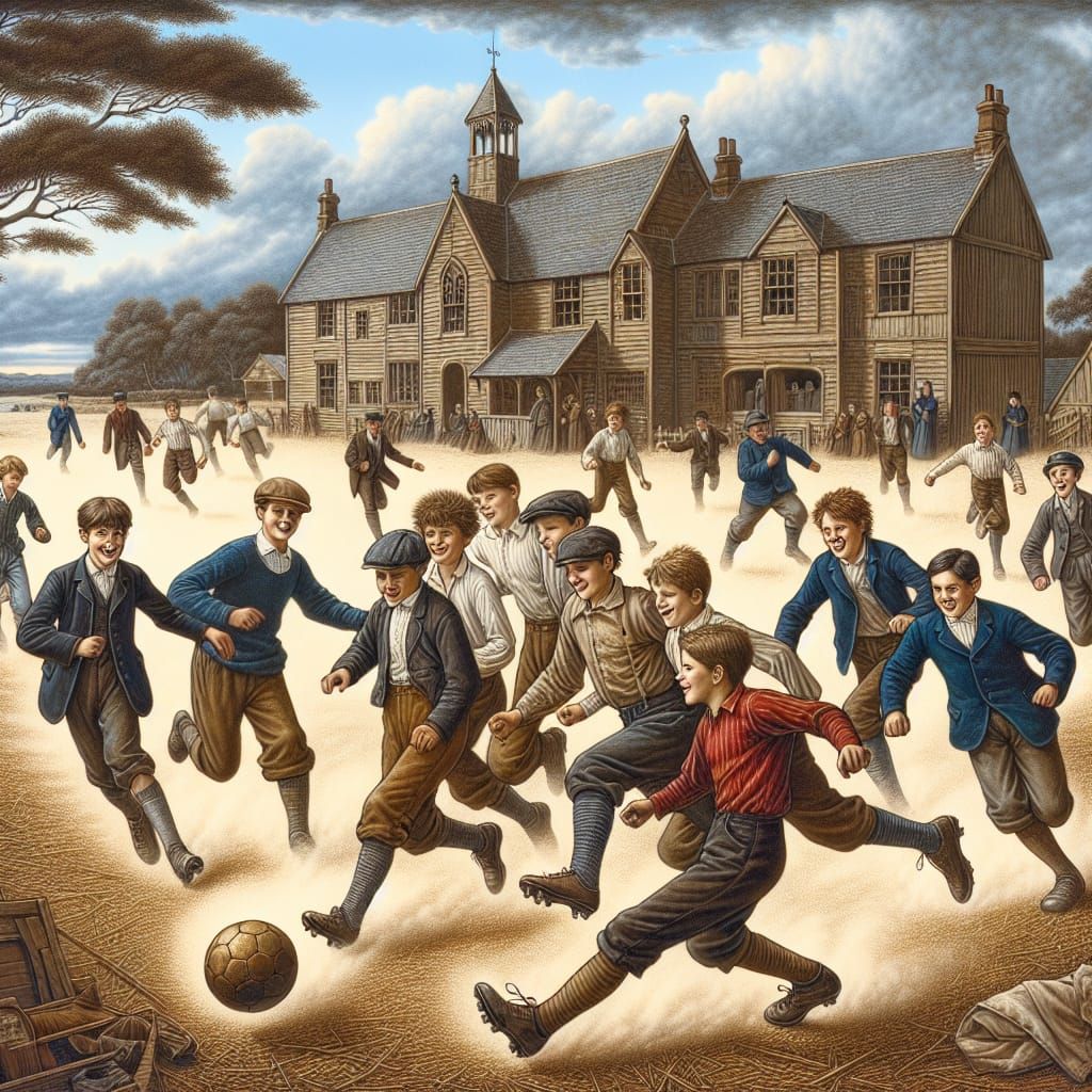 Victorian Schoolboys Playing Football on Grassy Field