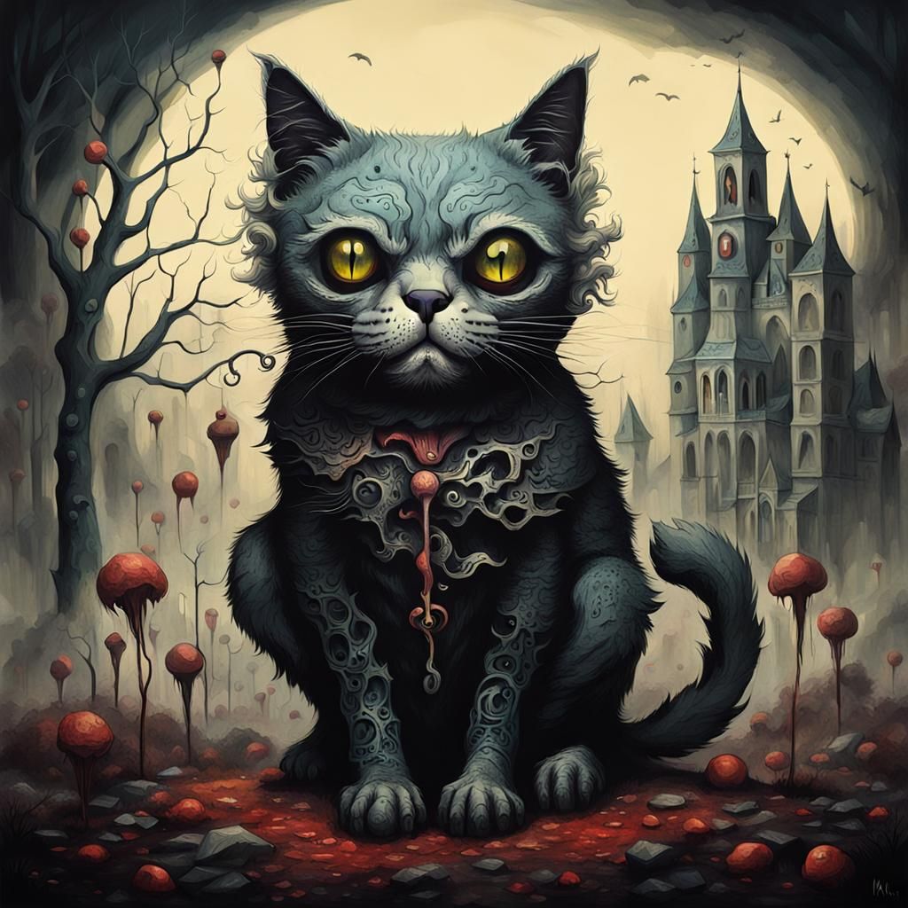 Surreal Macabre Cat in Dark Fantasy Style