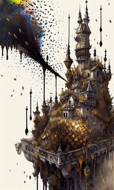 Honeycomb Castle Surrounded by Bees in Mixed Media