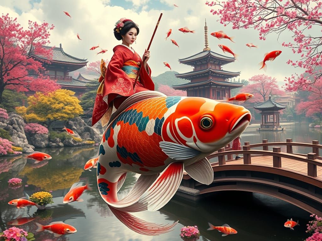 Geisha Riding A Koi Fish