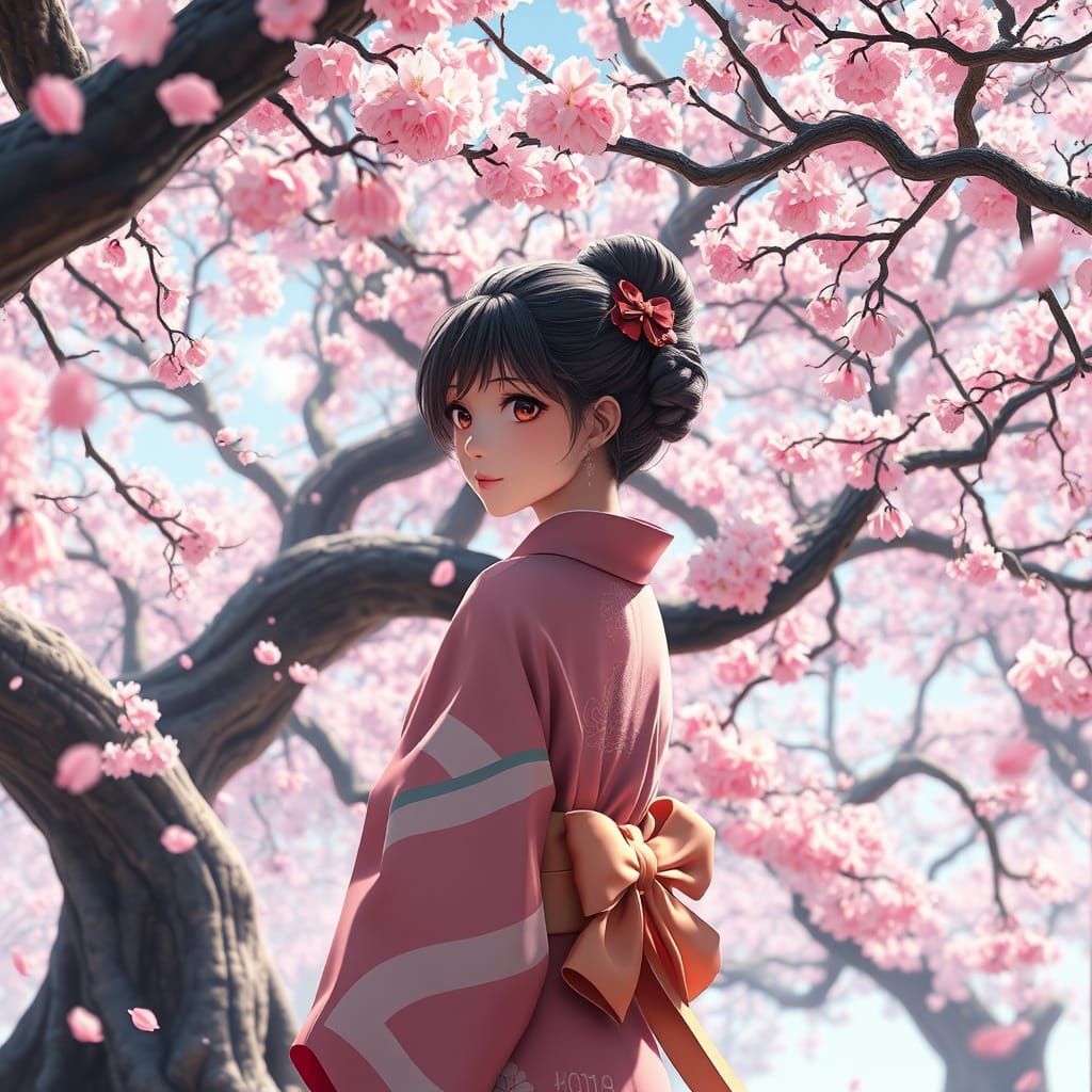 Surreal Cherry Blossom Maiden in Traditional Japanese Style