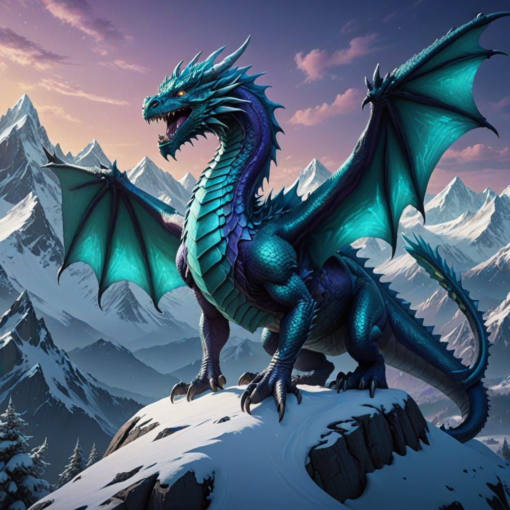 Turquoise Dragon on Snowy Peak, Fantasy Art