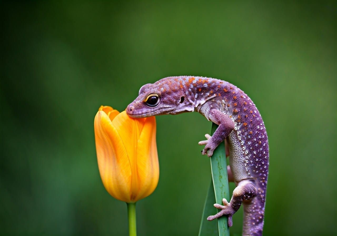 Vibrant Purple Lizard Sniffs Orange Tulip in Wildlife Photog...