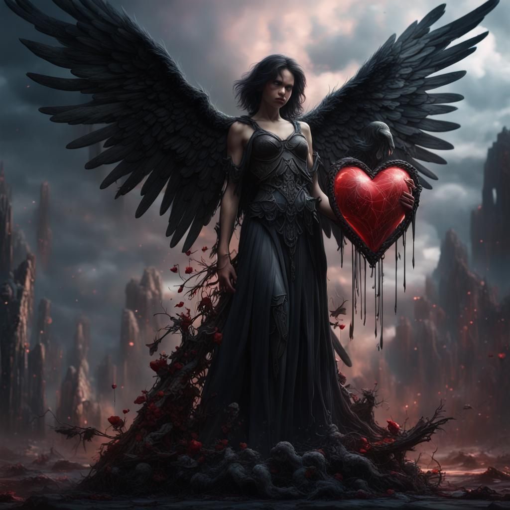 Black Angel with Broken Heart: Fantasy Art