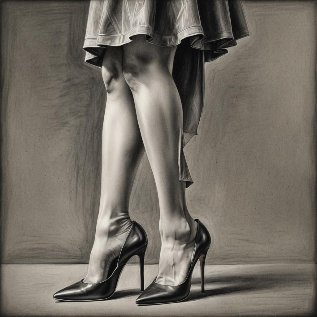 Hyperdetailed Charcoal Drawing of Woman in Heels