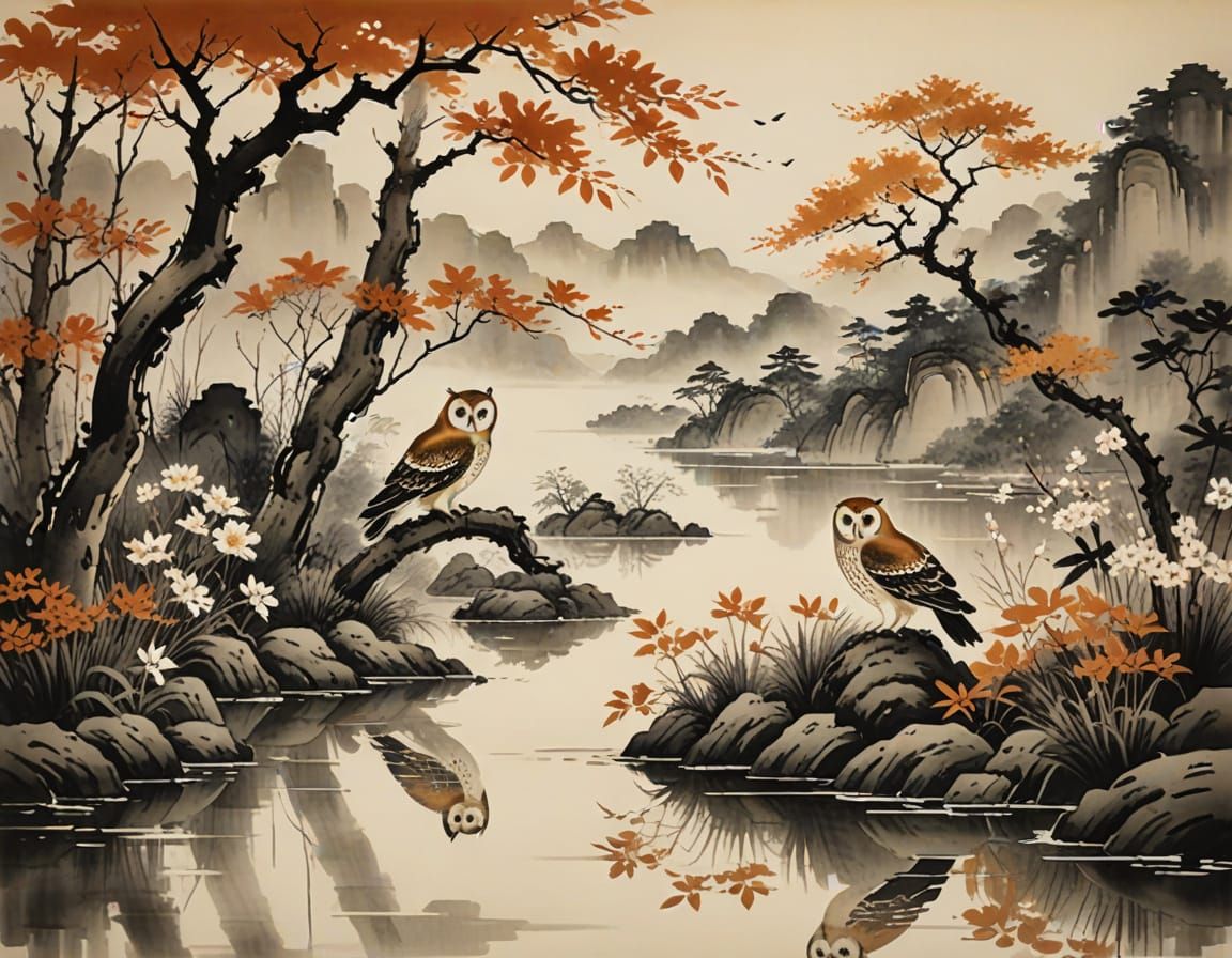 Chinese Ink Painting of Forest Lake with Owls