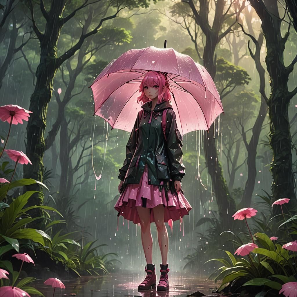Pink Monster Girl in Rainy Forest: Anime Concept Art