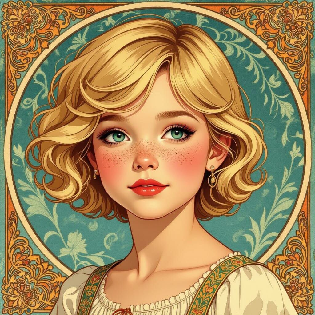 Blonde Pixie Cut Portrait in Art Nouveau Style