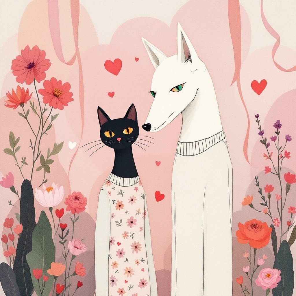Ethereal Whimsy: Elongated Wolf and Cat Embody Love